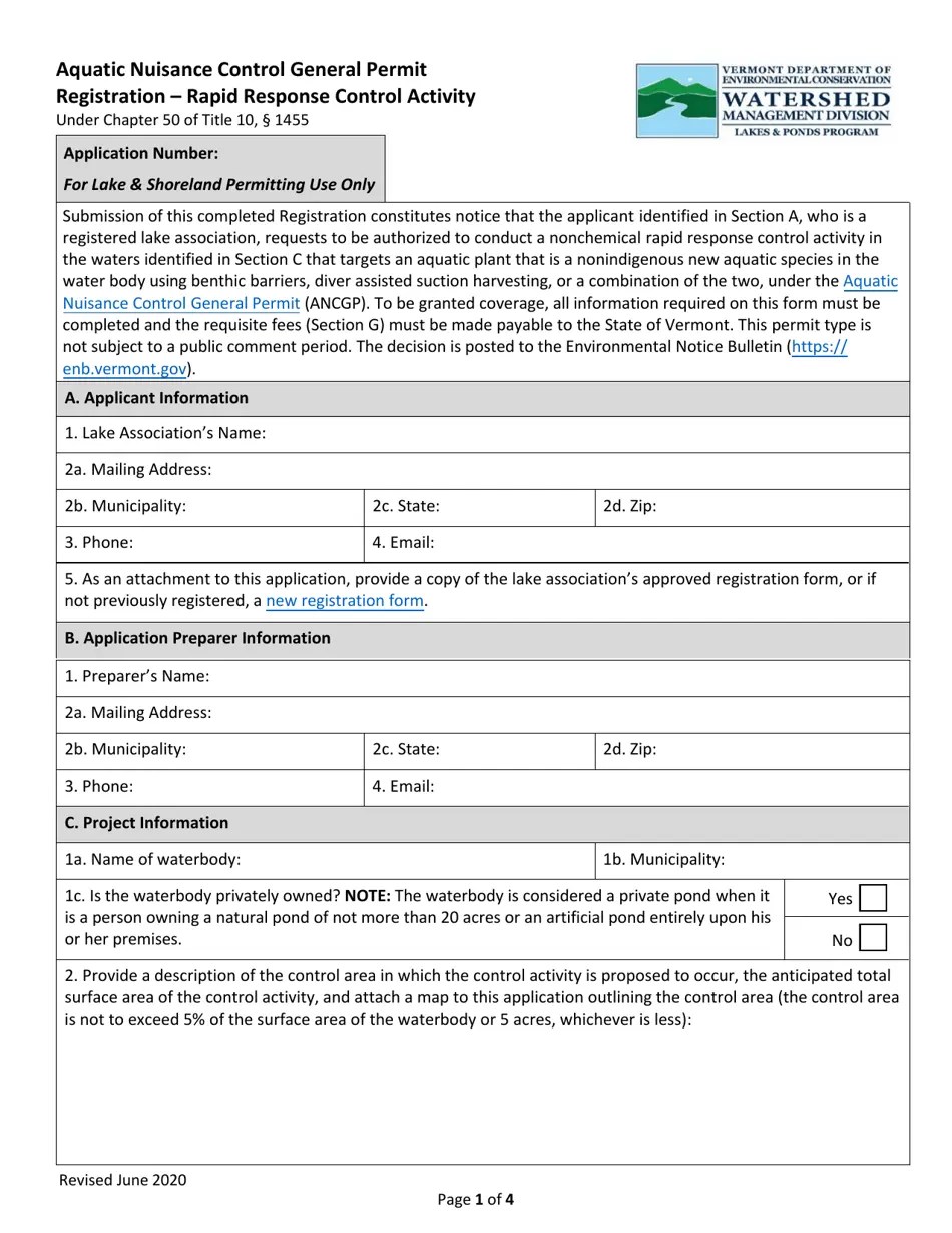 Vermont Aquatic Nuisance Control General Permit Registration Rapid