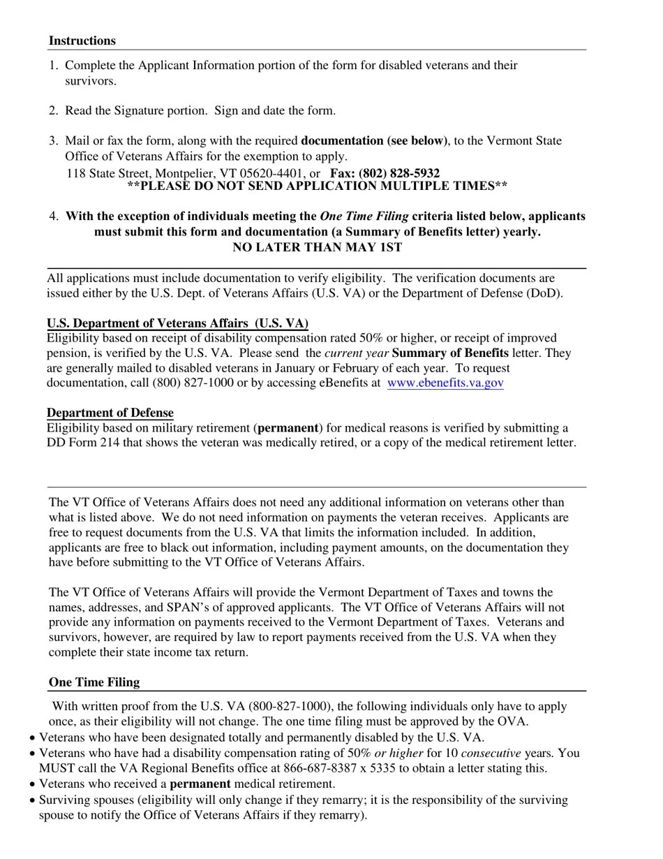 Vermont Property Tax Exemption for Disabled Veterans and Their