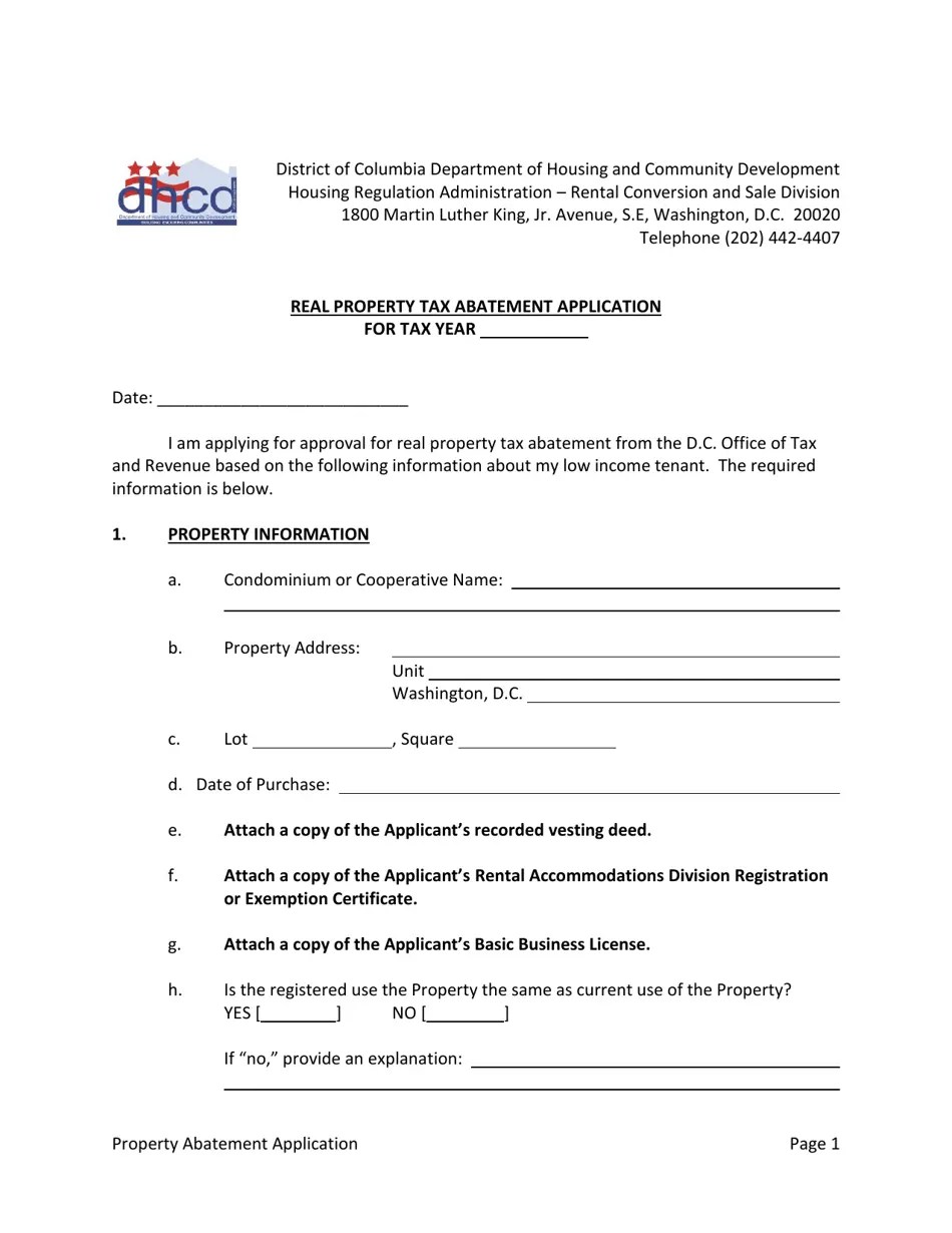 Washington, D.C. Real Property Tax Abatement Application Fill Out