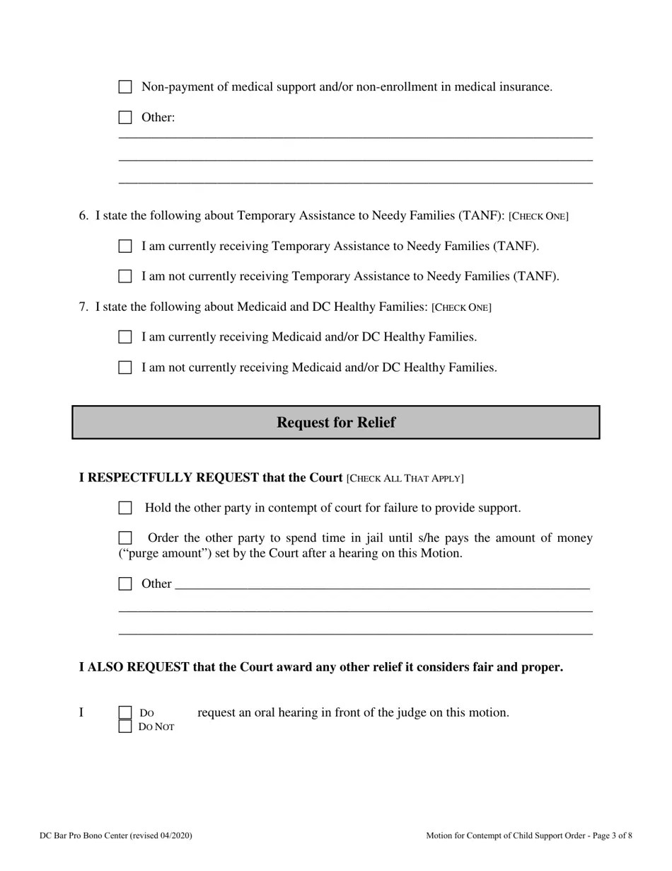 Washington, D.C. Motion for Contempt of Child Support Order Fill Out