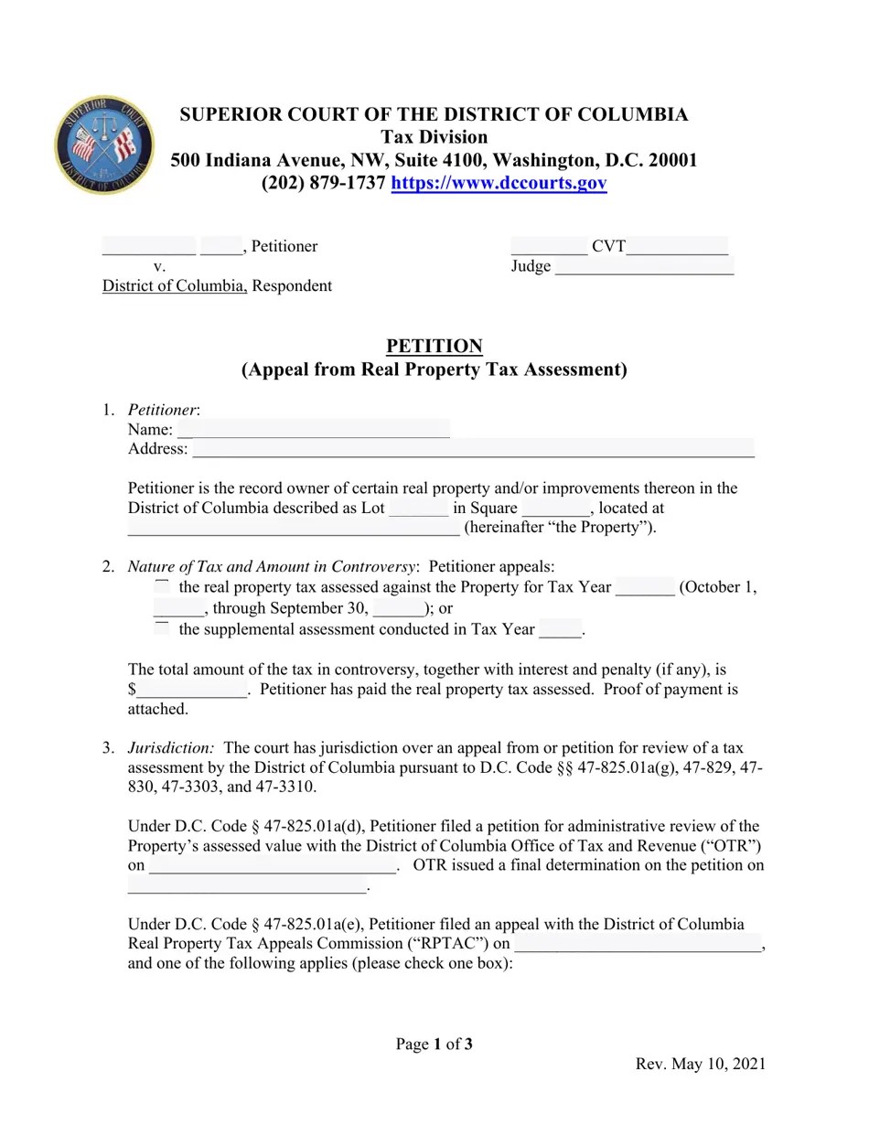 Washington, D.C. Petition (Appeal From Real Property Tax Assessment