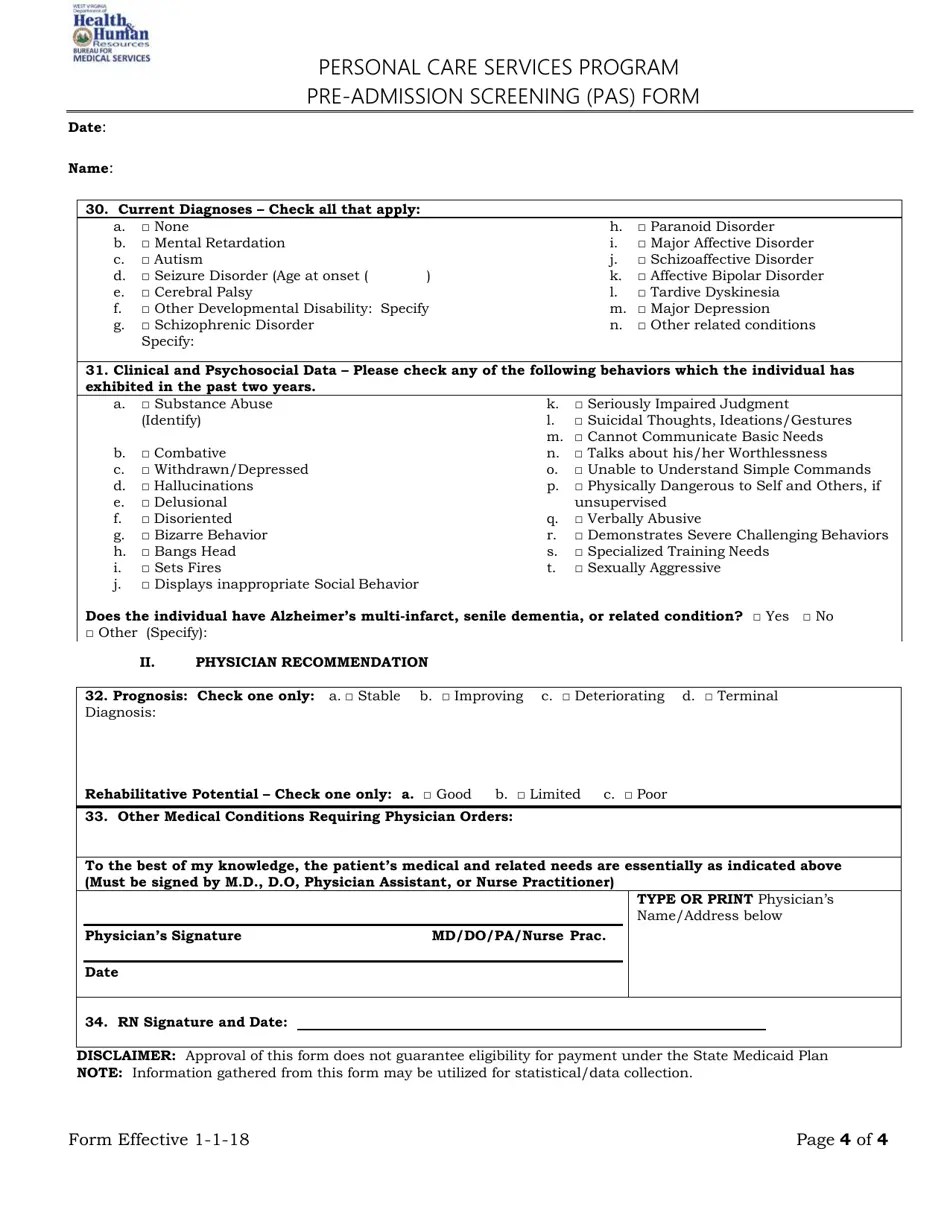 West Virginia Preadmission Screening (Pas) Form Personal Care