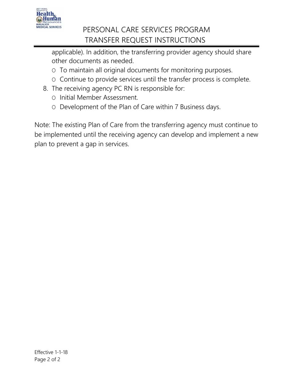 Download Instructions for Transfer Request Personal Care Services