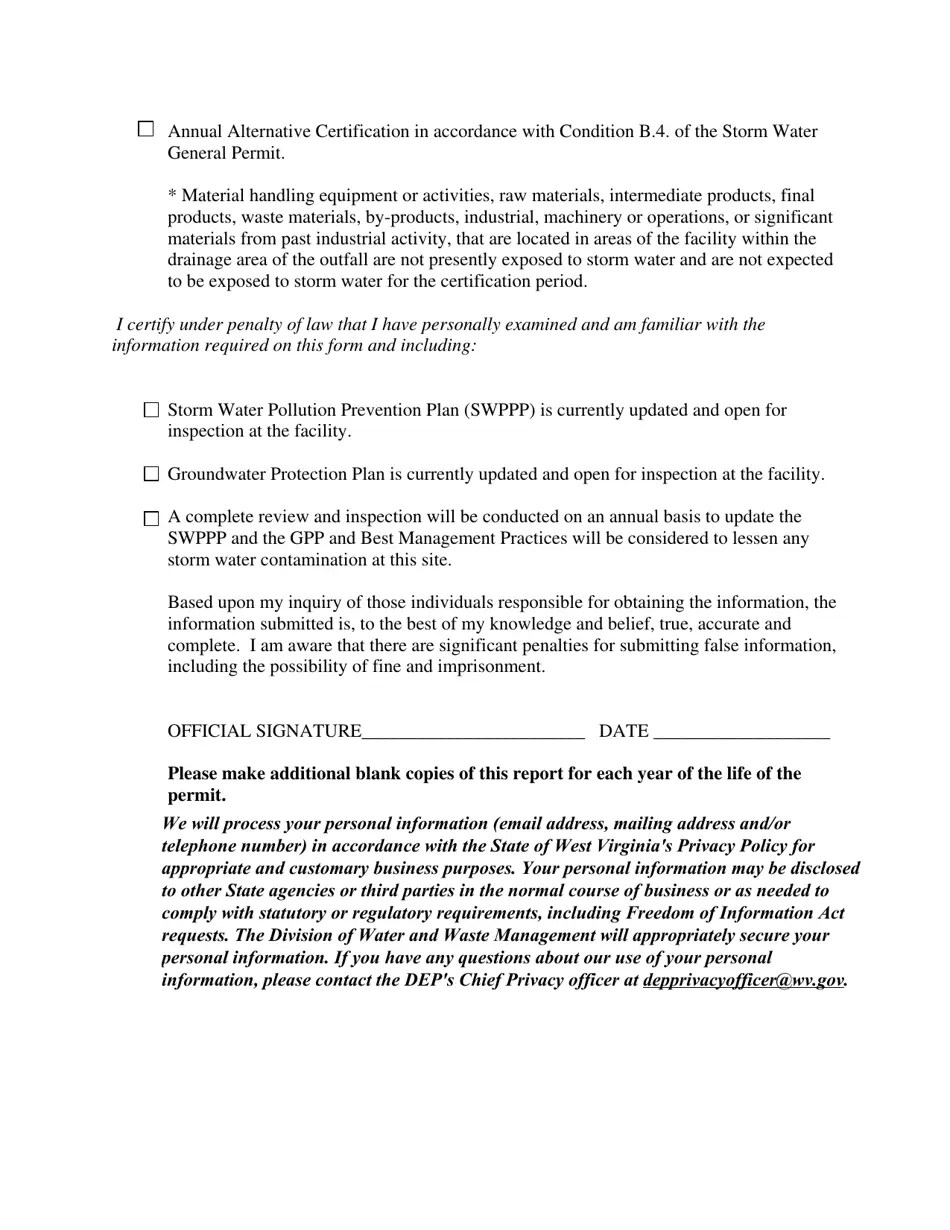 West Virginia MultiSector Stormwater Annual Certification Fill Out