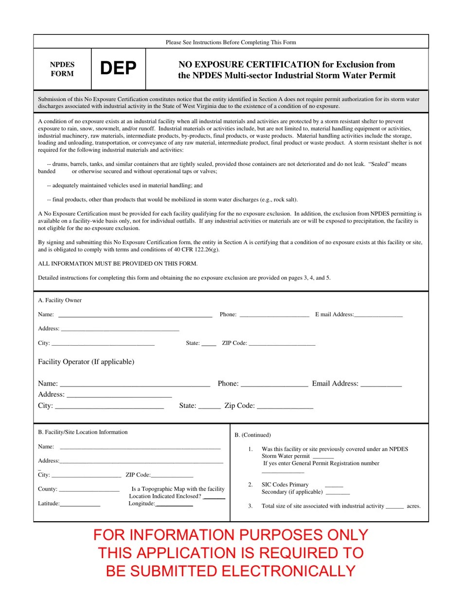 West Virginia No Exposure Certification for Exclusion From the Npdes
