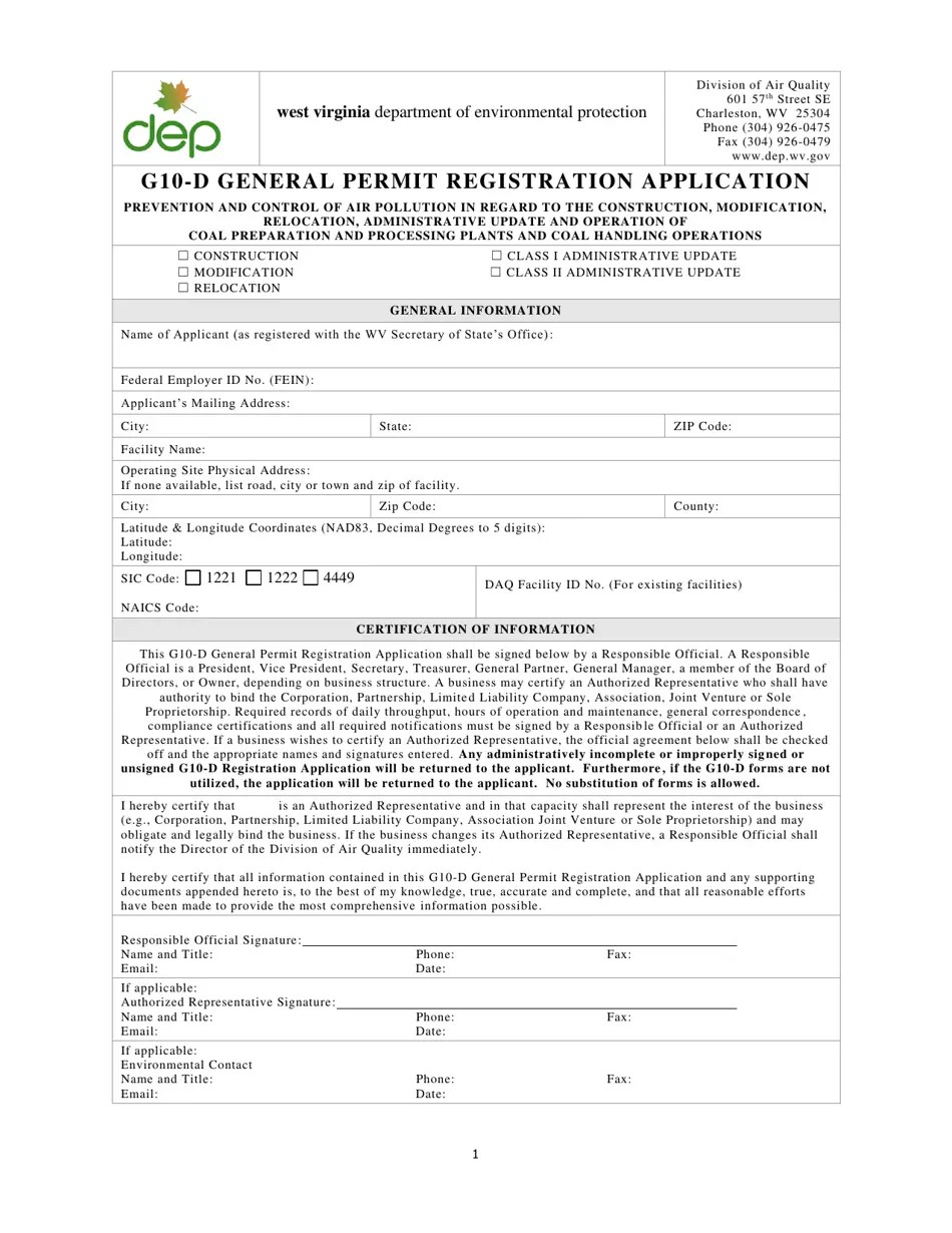 West Virginia G10d General Permit Registration Application Fill Out