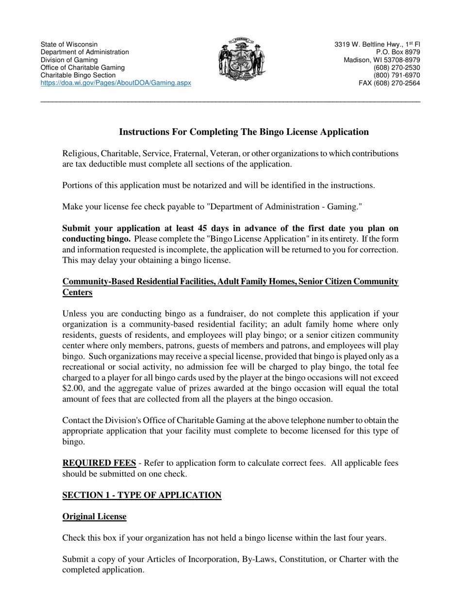 Download Instructions for Form DOA11625 Bingo License Application PDF