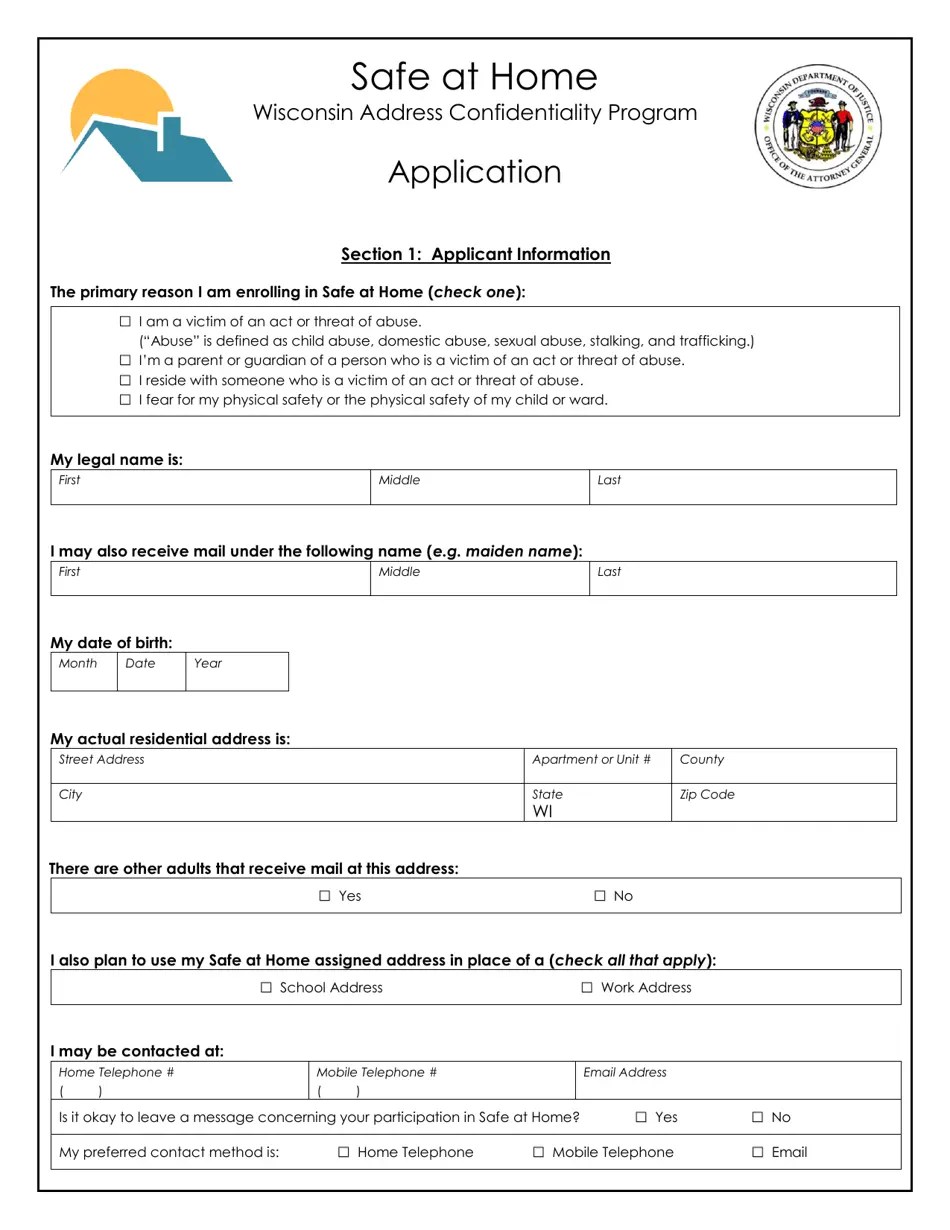Wisconsin Safe at Home Application Fill Out, Sign Online and Download