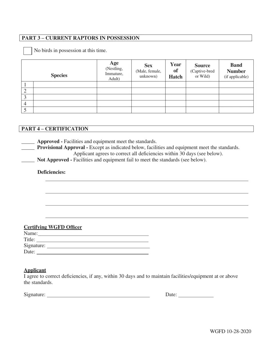 Wyoming Wyoming Falconry Permit Application Raptor Facilities and