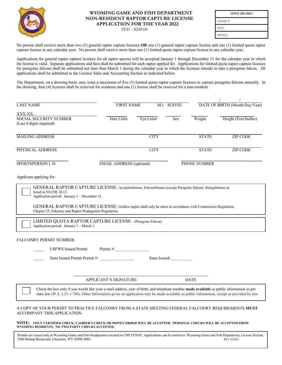 2022 Wyoming Nonresident Raptor Capture License Application Fill Out