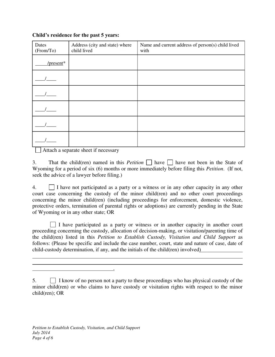 Wyoming Petition to Establish Custody, Visitation, and Child Support