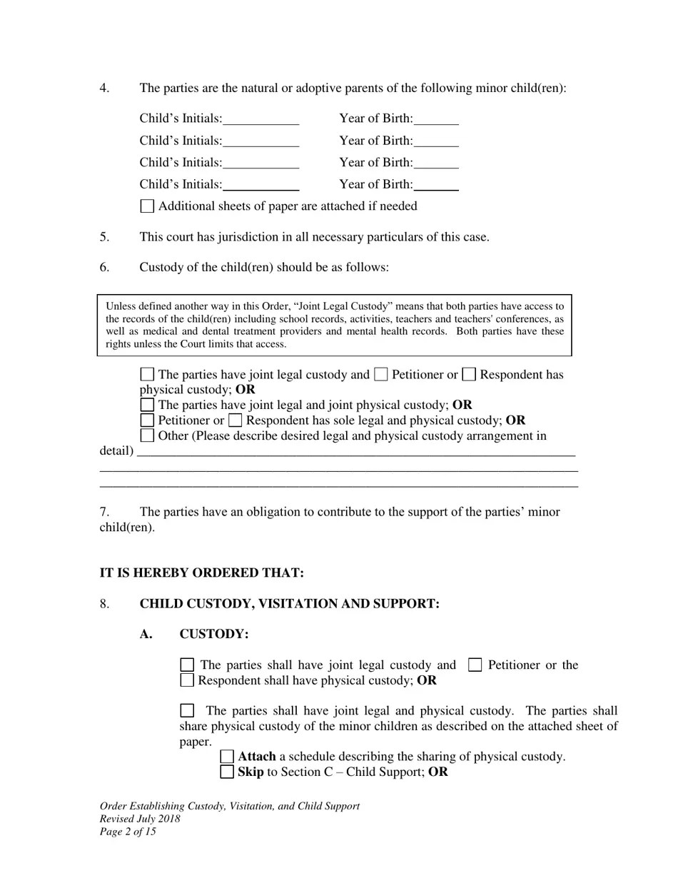 Wyoming Order Establishing Custody, Visitation, and Child Support