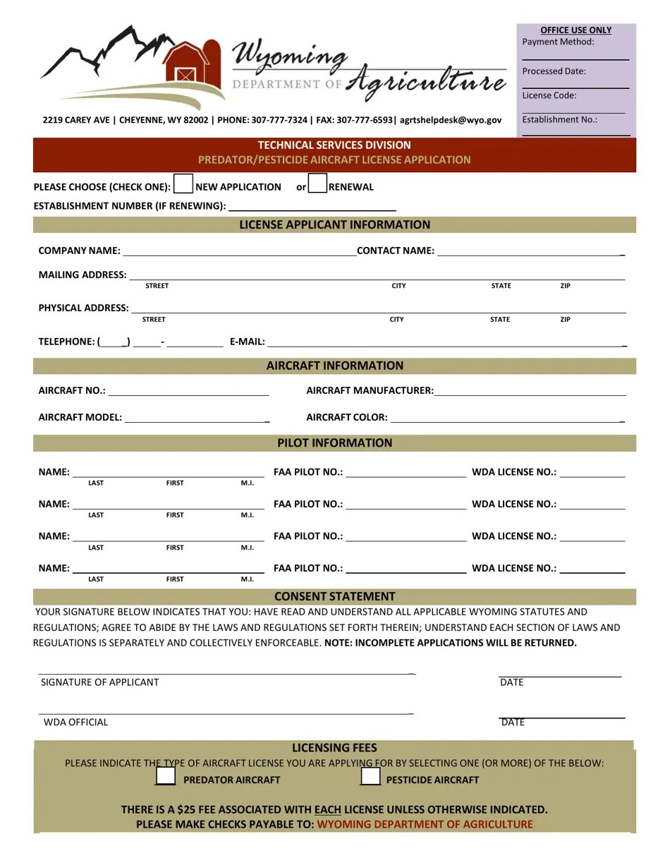 Wyoming Predator/Pesticide Aircraft License Application Fill Out