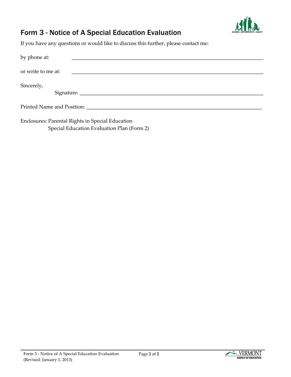 Form 3 Download Printable PDF or Fill Online Notice of a Special Education Evaluation Vermont