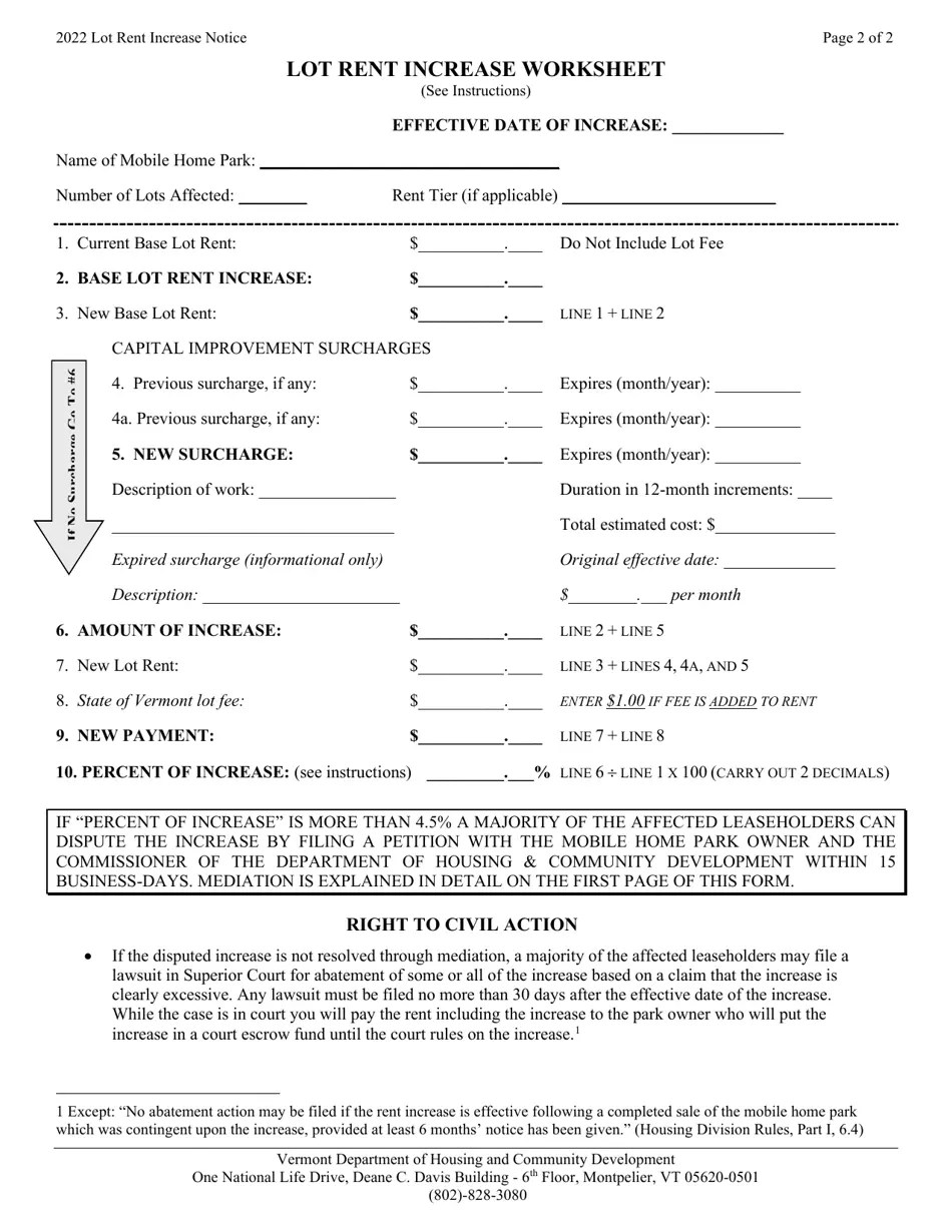 2022 Vermont Notice of Mobile Home Park Lot Rent Increase Fill Out