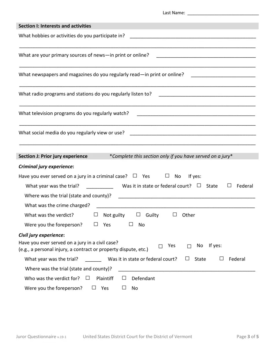 Vermont Statement to Jurors Regarding the Juror Questionnaire Fill