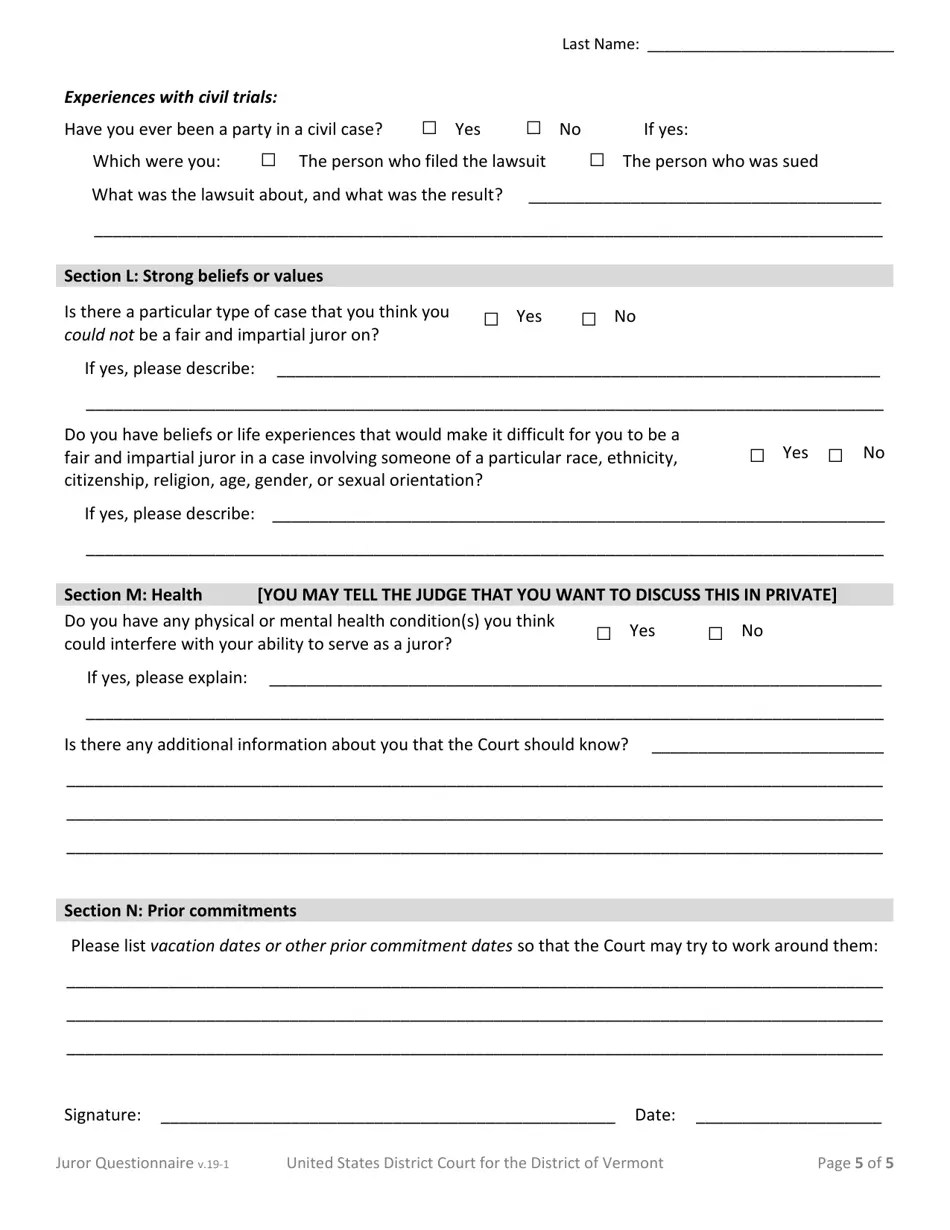 Vermont Statement to Jurors Regarding the Juror Questionnaire Fill