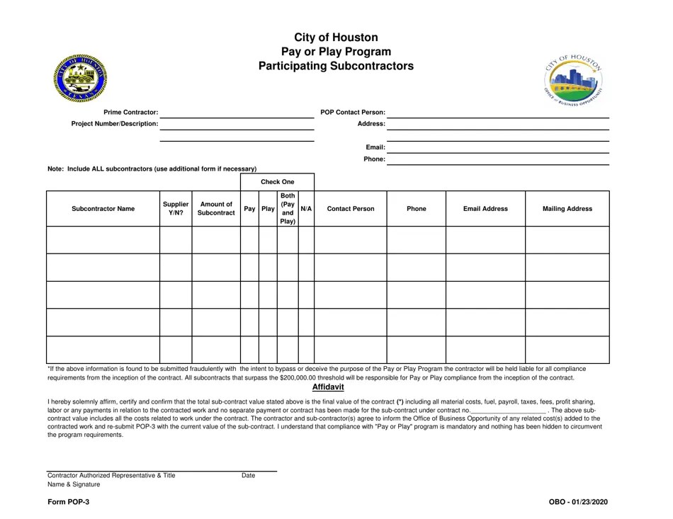 Form POP3 Fill Out, Sign Online and Download Printable PDF, City of