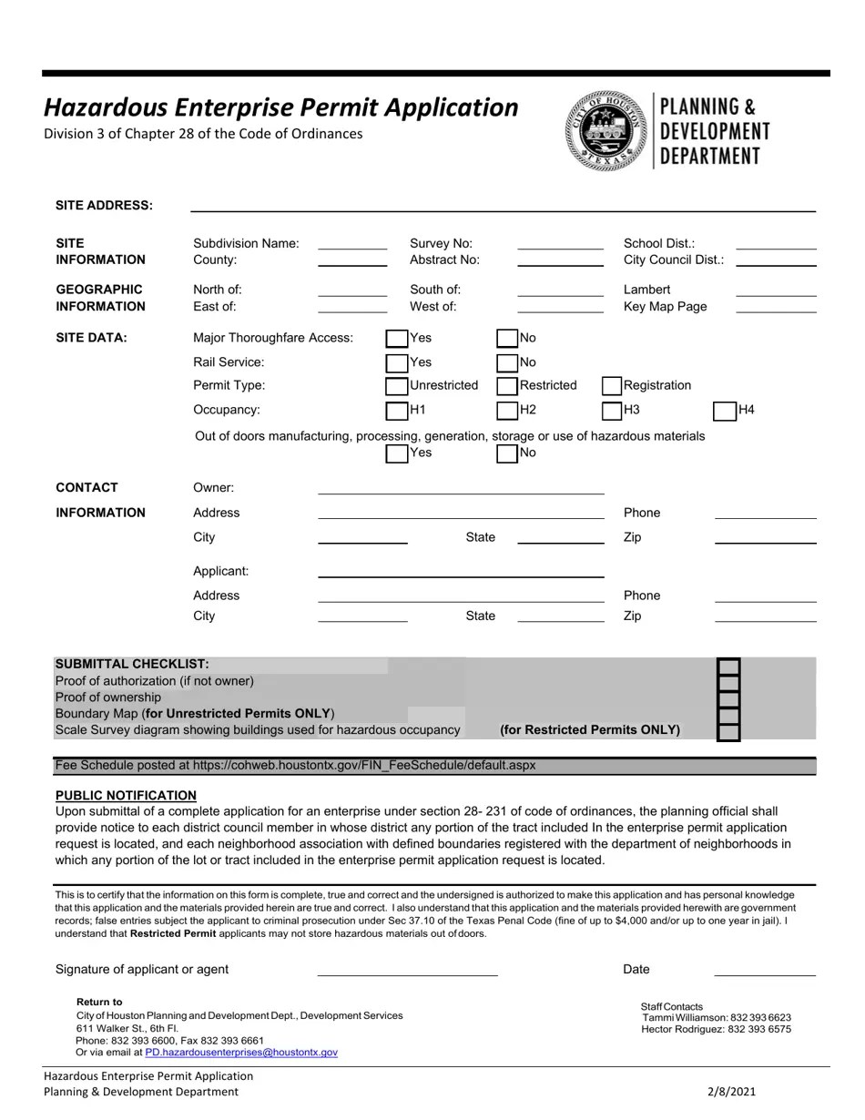 City of Houston, Texas Hazardous Enterprise Permit Application Fill