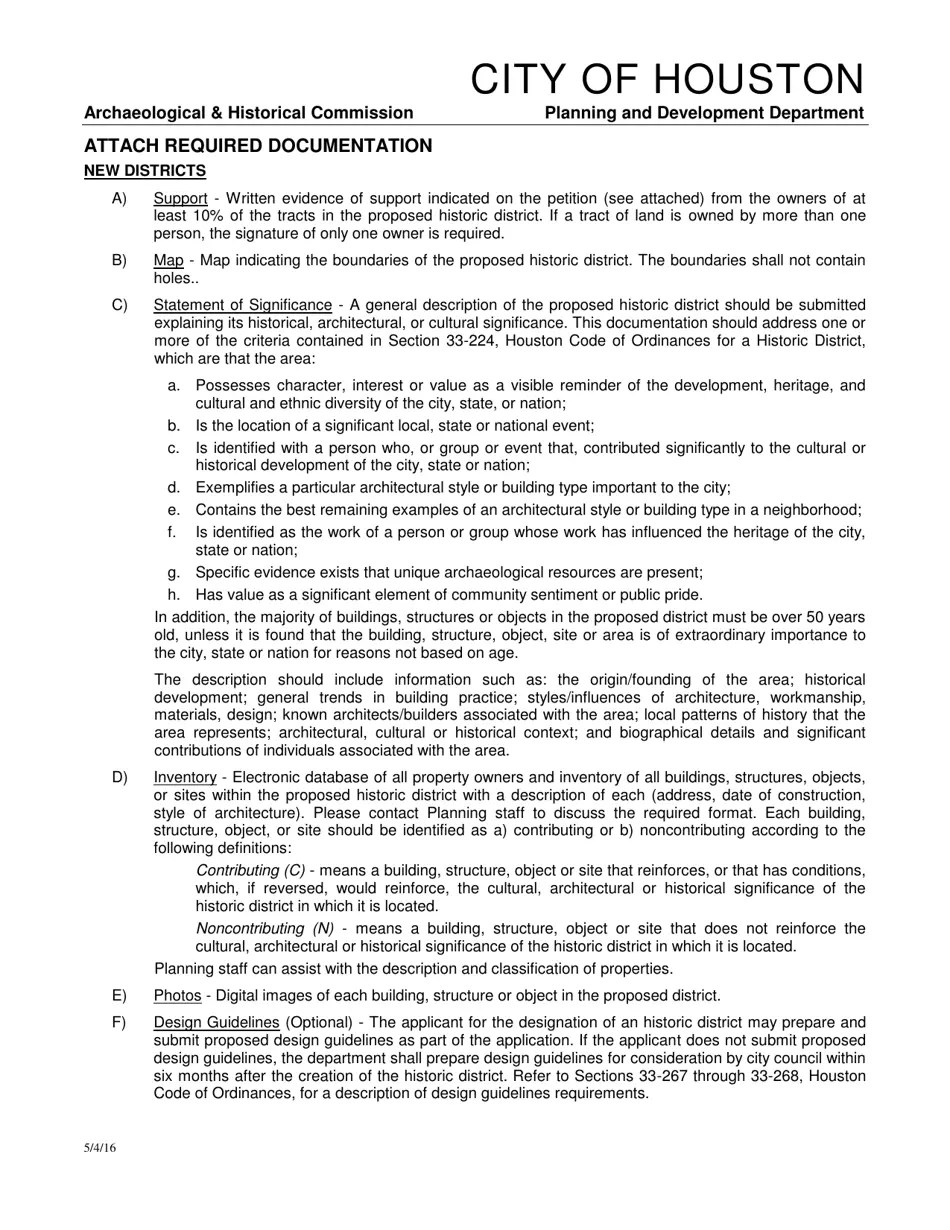 City of Houston, Texas Historic District Designation Application Fill