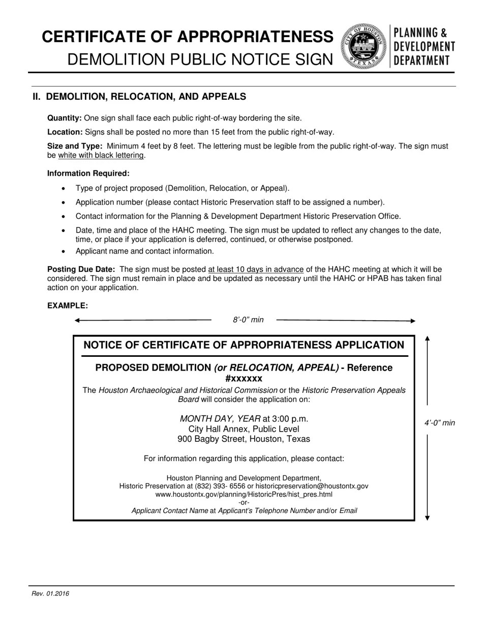 City of Houston, Texas Certificate of Appropriateness Demolition