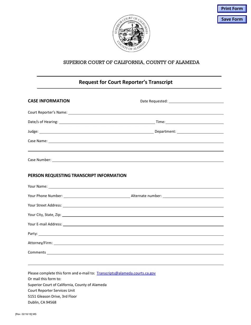 County of Alameda, California Request for Court Reporter's Transcript