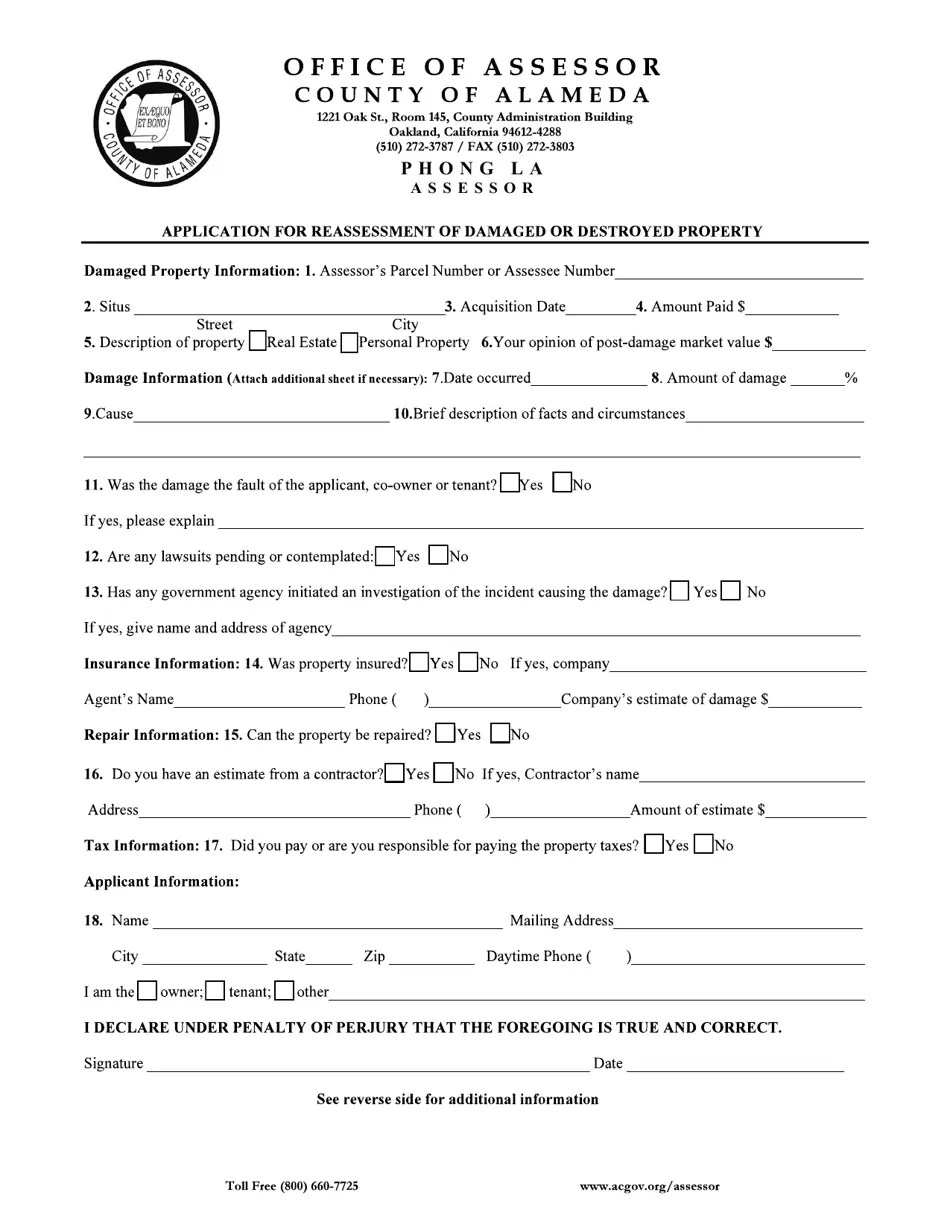 County of Alameda, California Application for Reassessment of Damaged