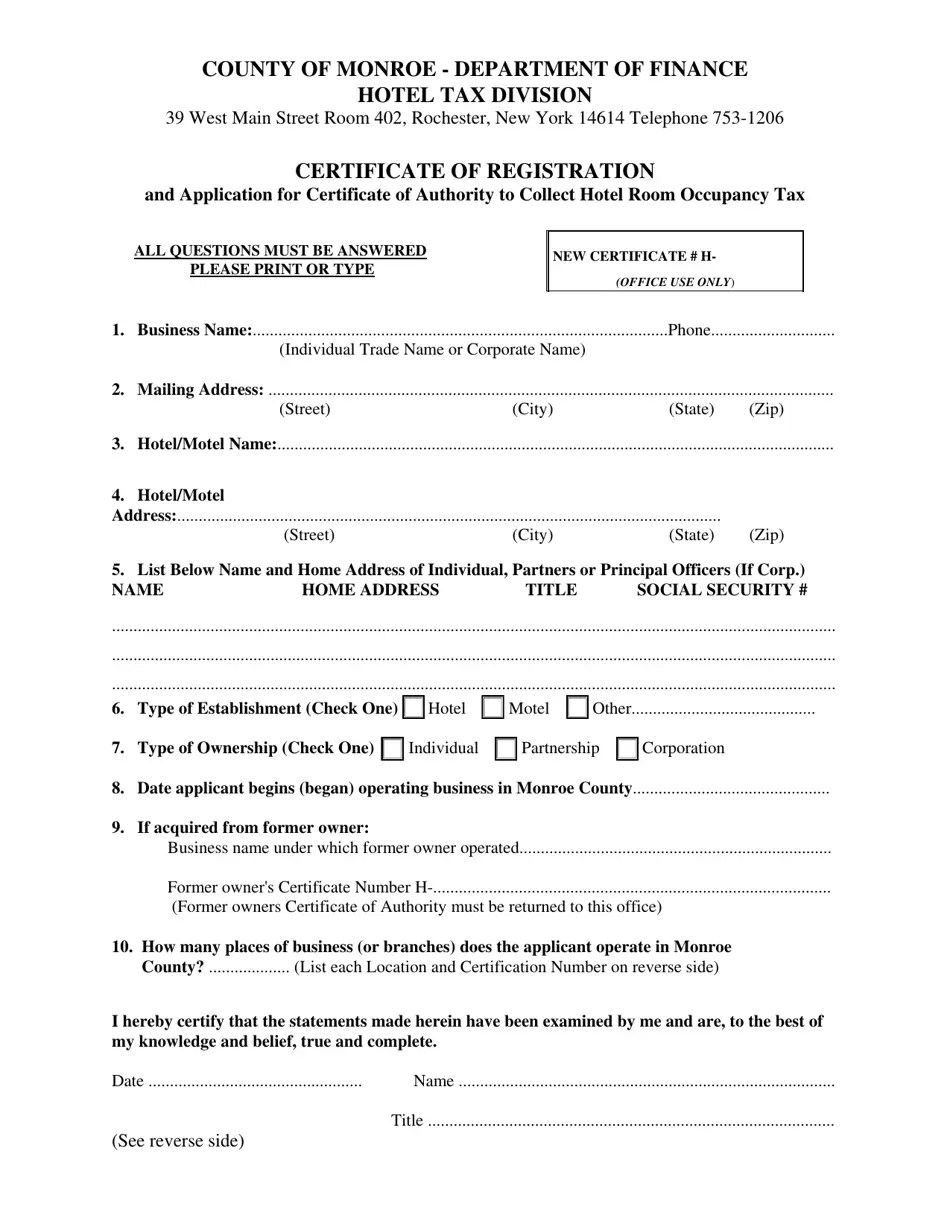 Monroe County, New York Certificate of Registration and Application for