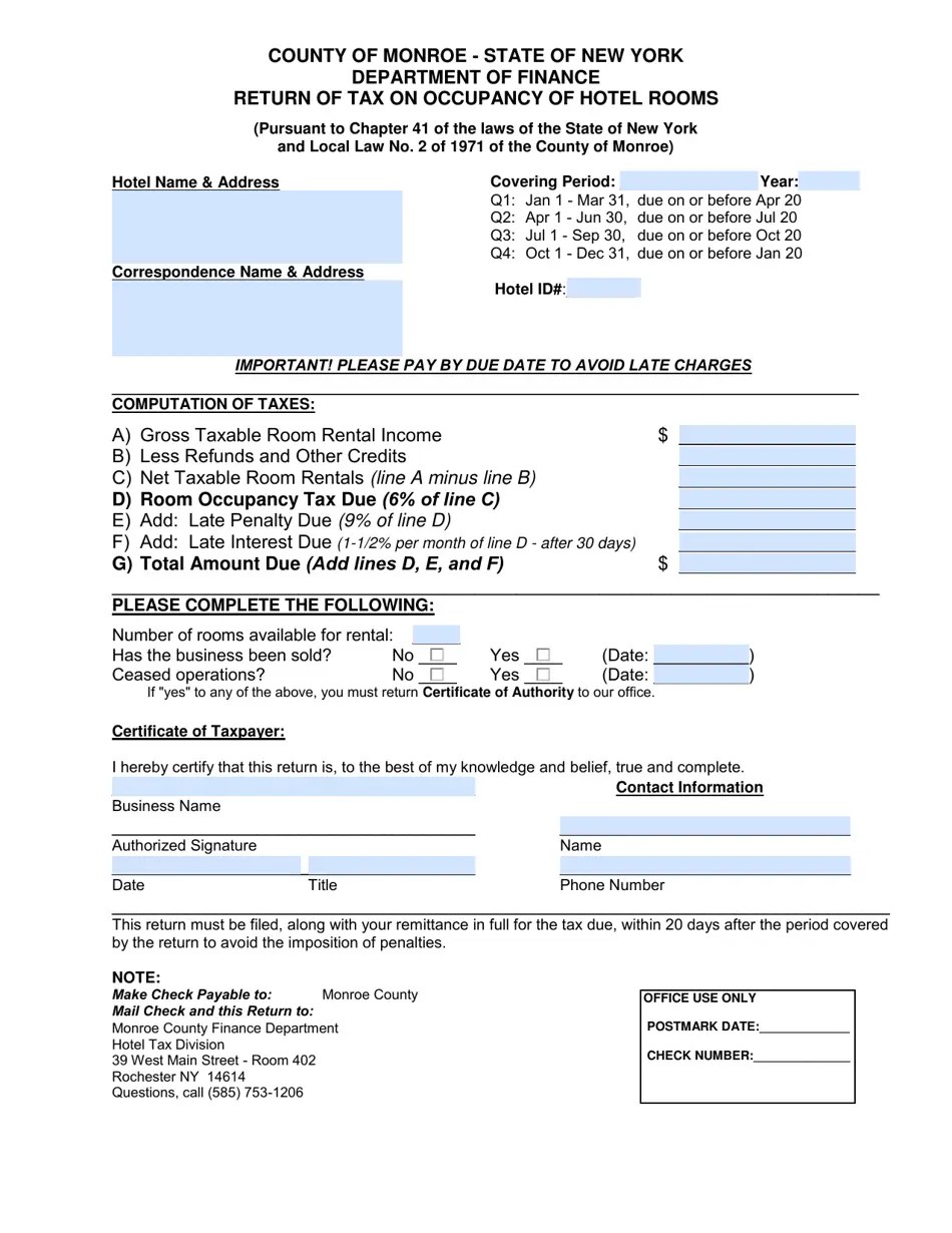 Monroe County, New York Return of Tax on Occupancy of Hotel Rooms Fill Out, Sign Online and