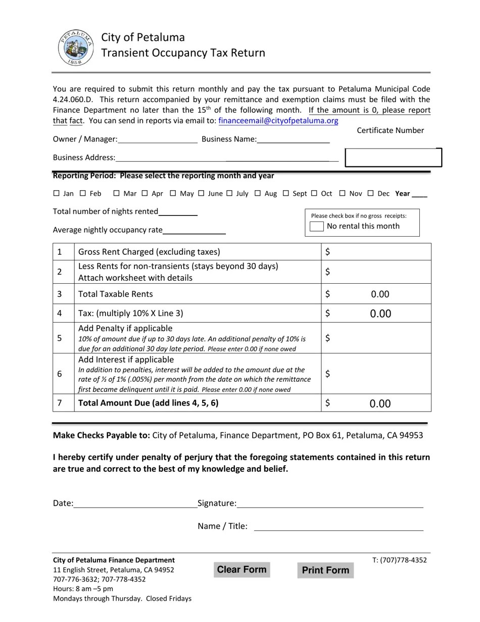 City of Petaluma, California Transient Occupancy Tax Return Fill Out