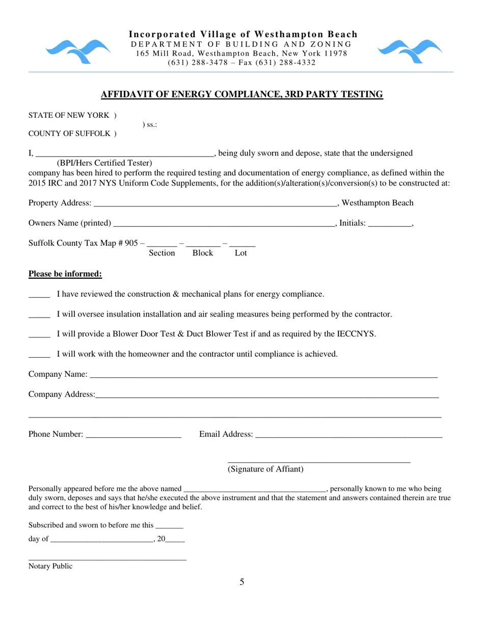 Incorporated Village of Westhampton Beach, New York Building Permit