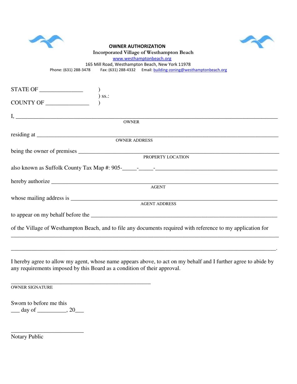 Incorporated Village of Westhampton Beach, New York Owner Authorization Fill Out, Sign Online