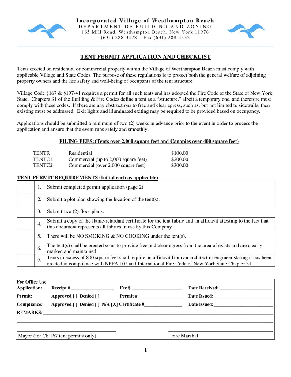 Village of Westhampton Beach, New York Tent Permit Application Fill Out, Sign Online and