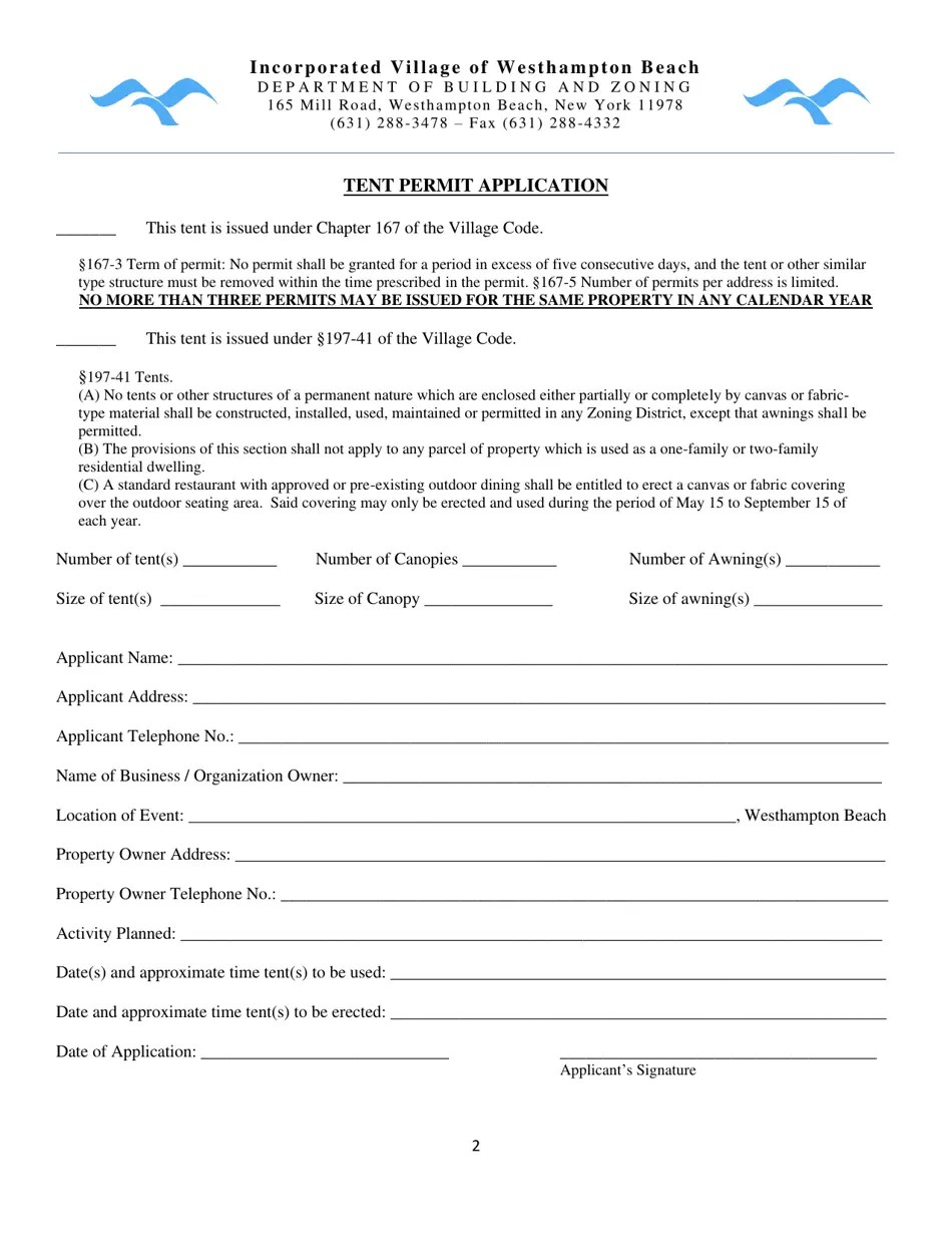 Village of Westhampton Beach, New York Tent Permit Application Fill