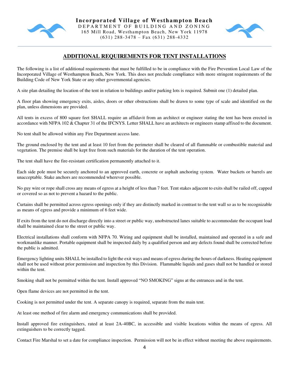 Village of Westhampton Beach, New York Tent Permit Application Fill Out, Sign Online and