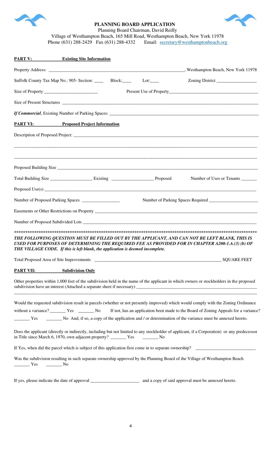Village of Westhampton Beach, New York Planning Board Application Fill Out, Sign Online and