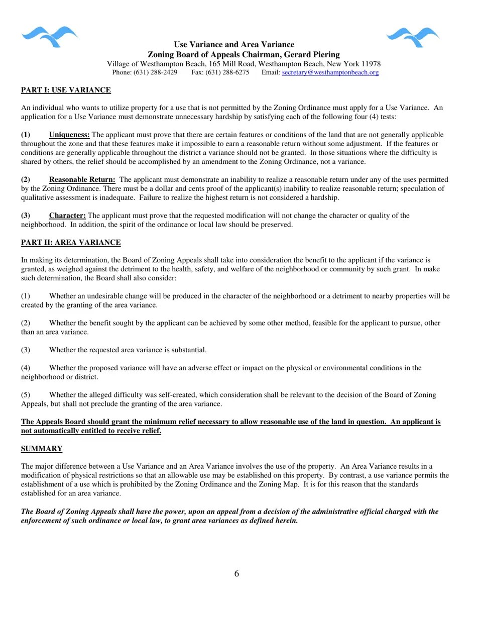 Village of Westhampton Beach, New York Zoning Board of Appeals