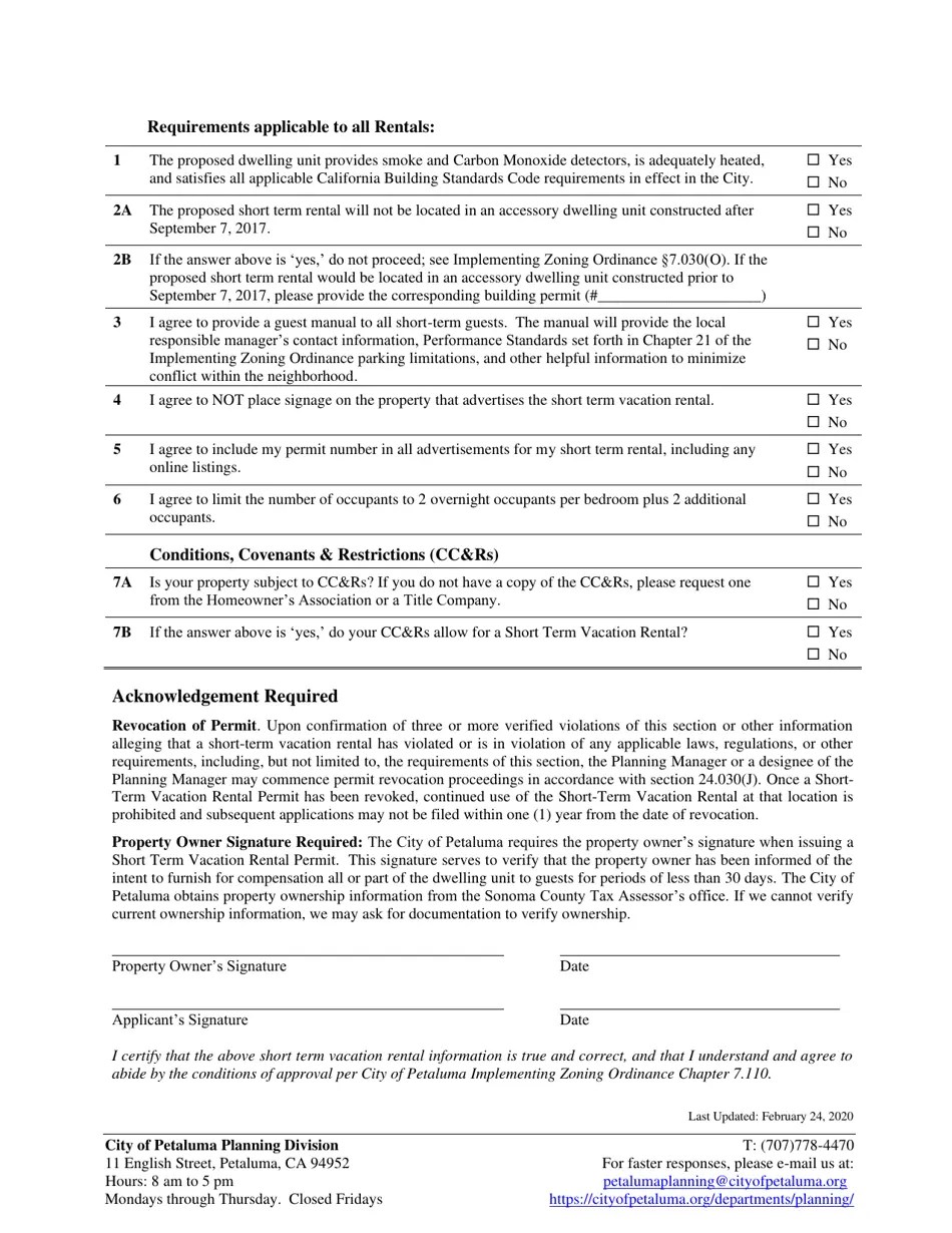 City of Petaluma, California ShortTerm Vacation Rental Permit Fill