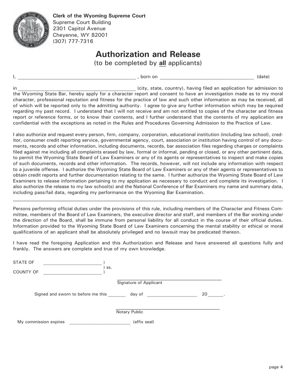 Wyoming Application for Admission to the Wyoming State Bar Fill Out