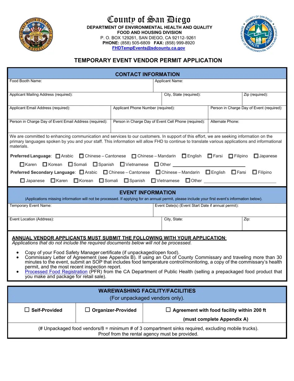 County of San Diego, California Temporary Food Facility Vendor Permit