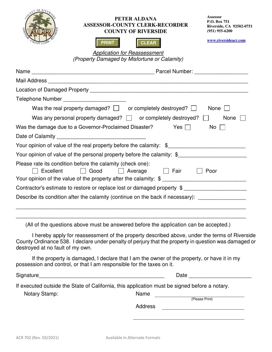 Form ACR702 Fill Out, Sign Online and Download Fillable PDF, County
