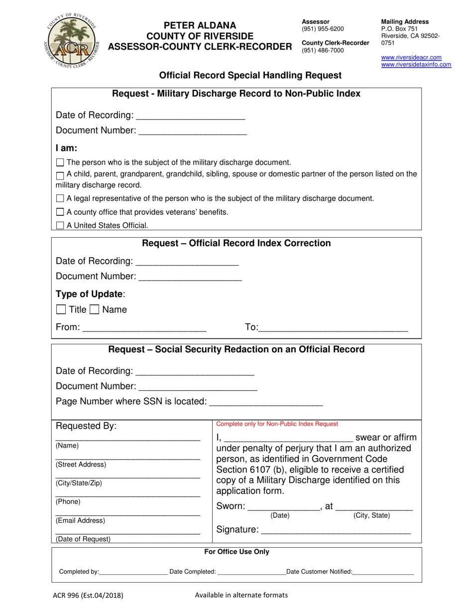 Form ACR996 Fill Out, Sign Online and Download Fillable PDF, County