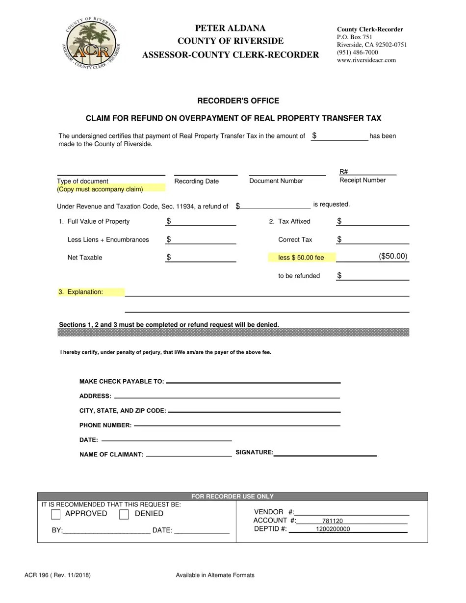 Form ACR196 Fill Out, Sign Online and Download Fillable PDF, County