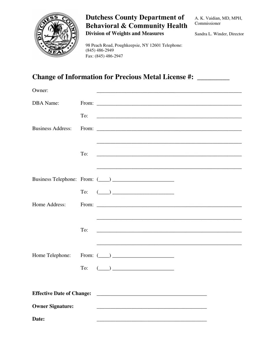 Dutchess County, New York Precious Metal License Change of Information Form Fill Out, Sign