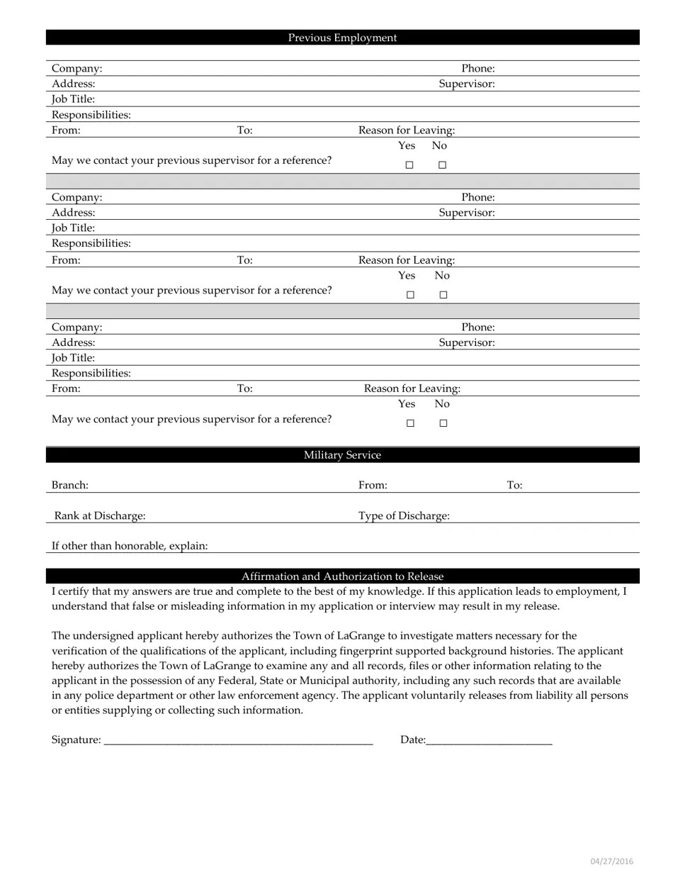 Town of LaGrange, New York Employment Application Fill Out, Sign