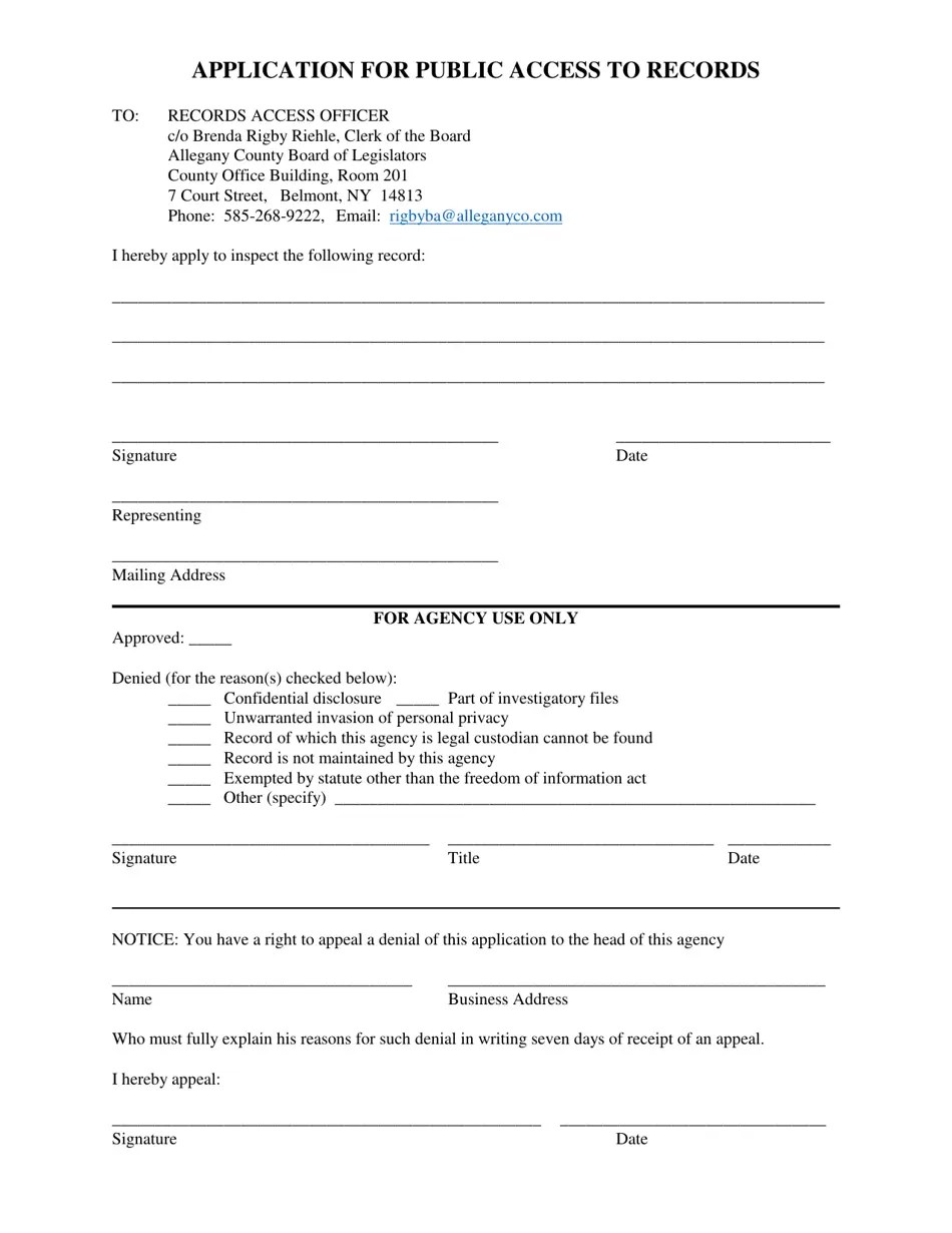Allegany County, New York Application for Public Access to Records