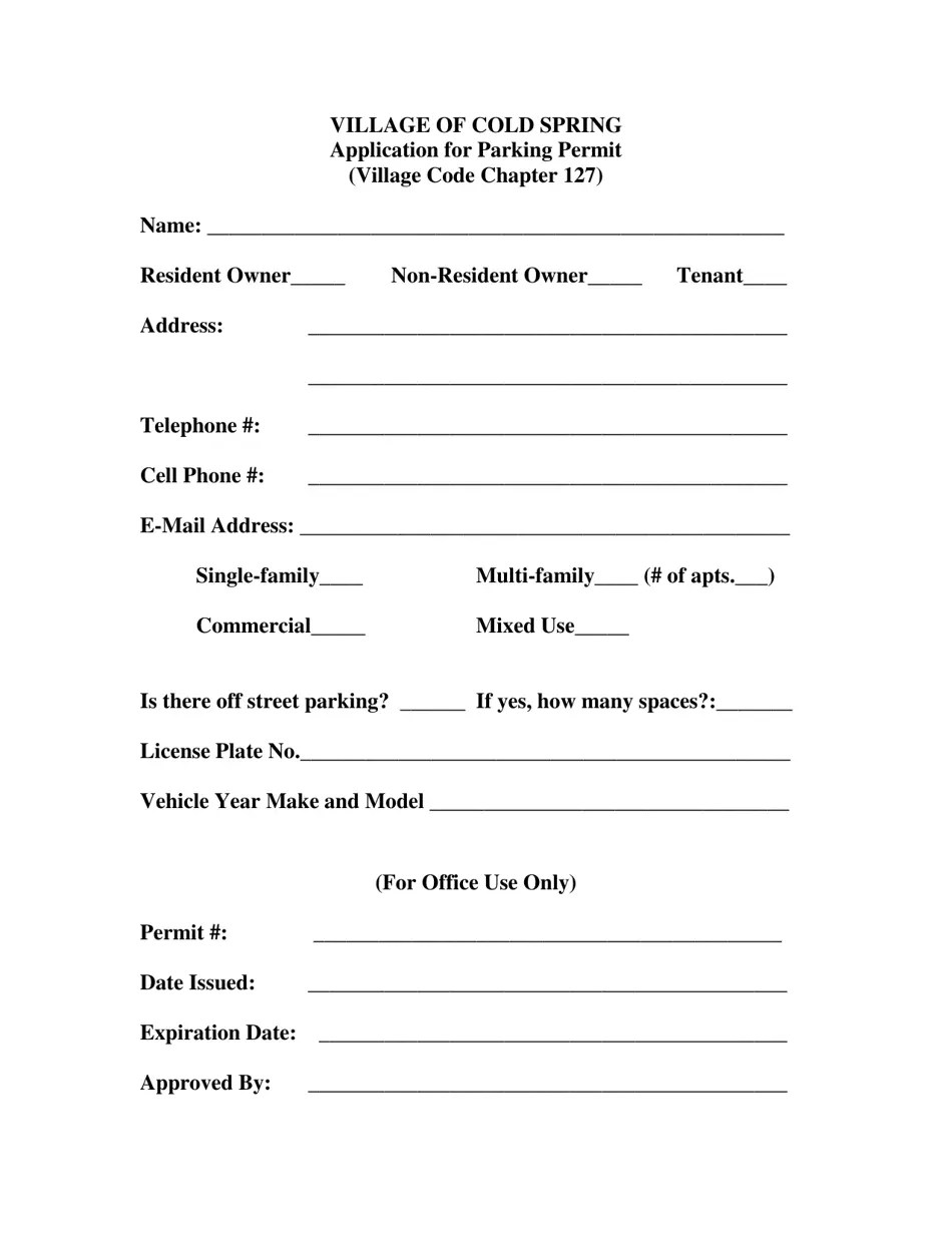 Village of Cold Spring, New York Application for Parking Permit Fill
