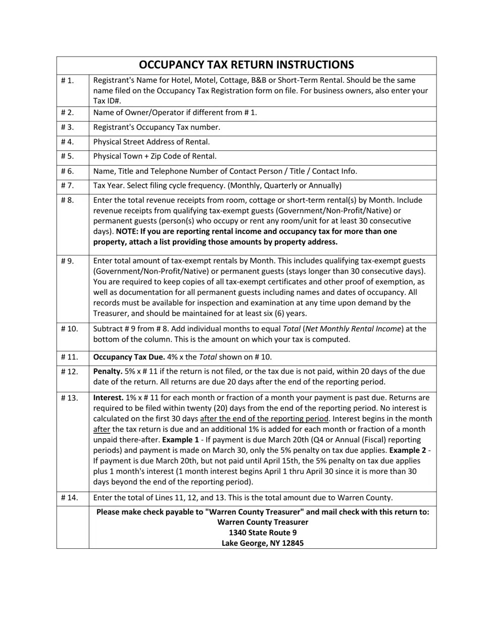 Warren County, New York Occupancy Tax Return Form Fill Out, Sign