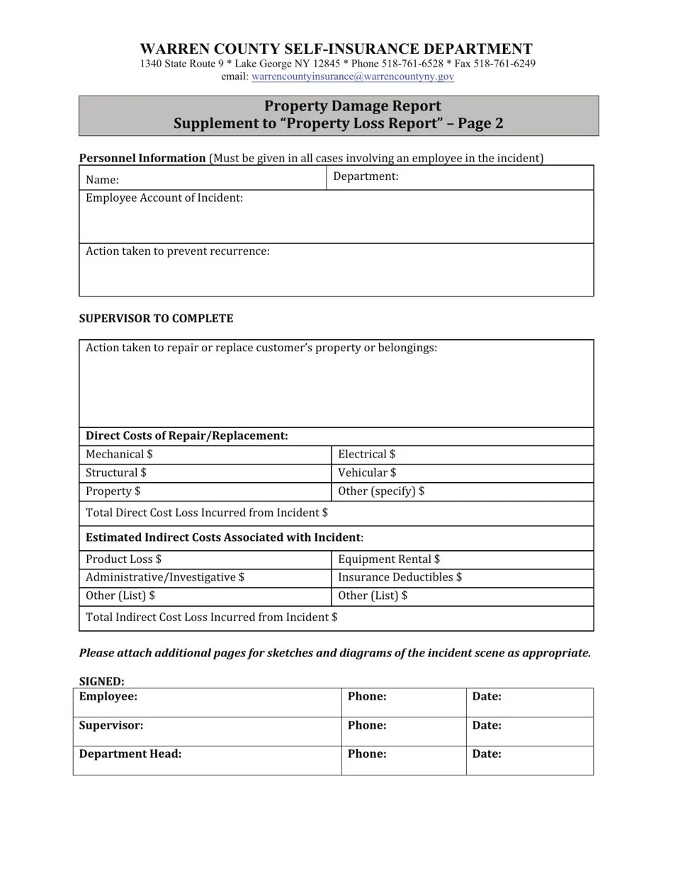 Warren County, New York Property Loss Report Fill Out, Sign Online