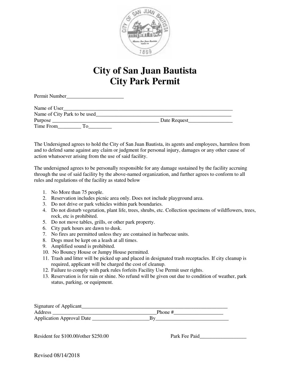 City of San Juan Bautista, California City Park Permit Fill Out, Sign